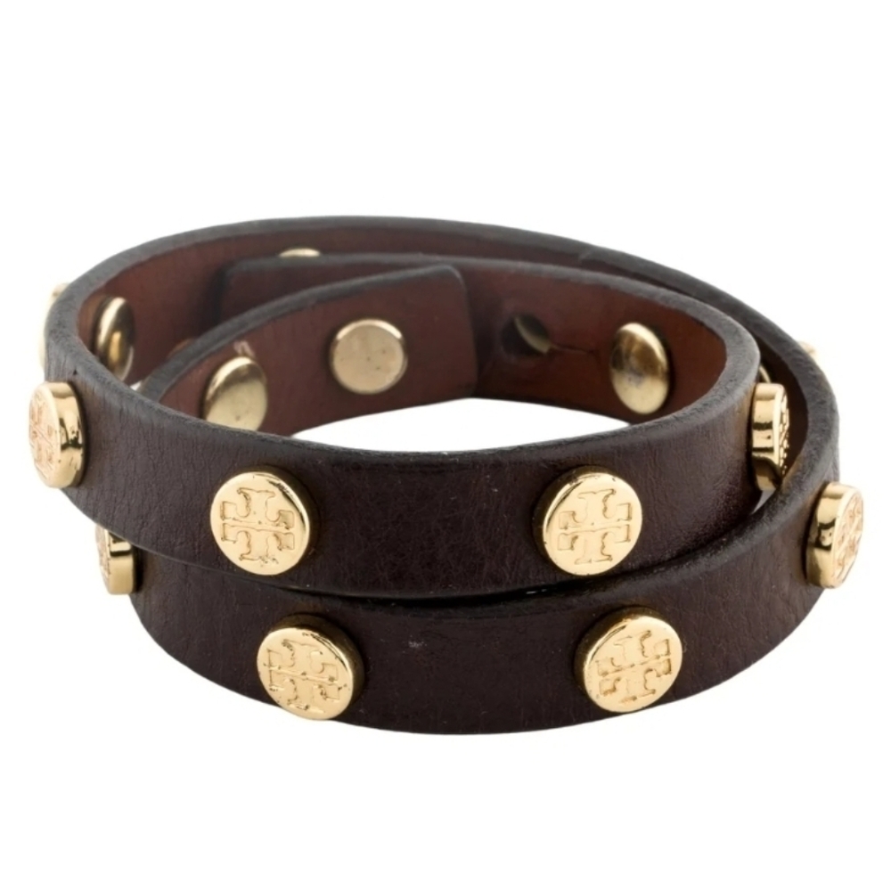 TORY BURCH Brown Leather Wrap Bracelet with Gold Accents